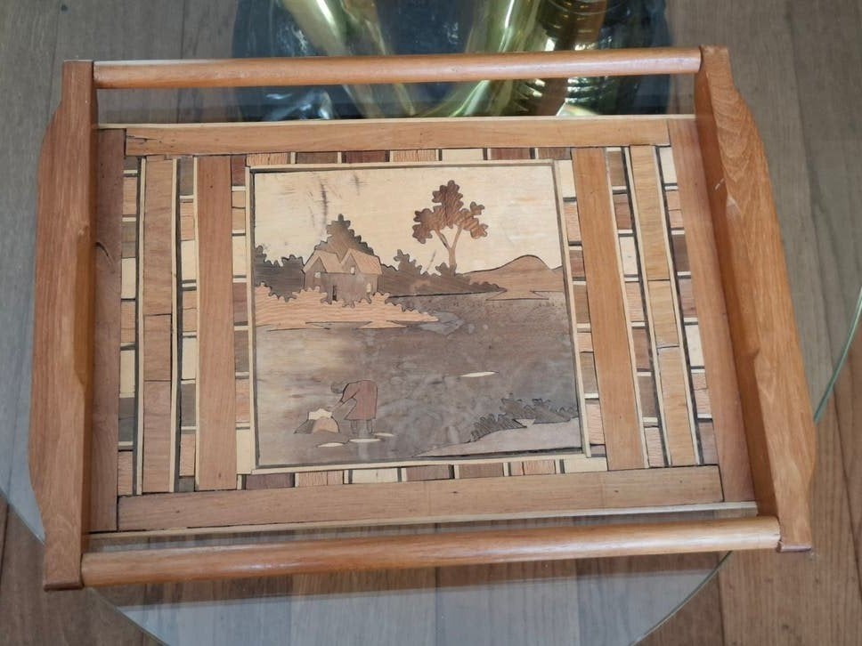 Vintage houten dienblad met intarsia decoratie, Huis en Inrichting, Woonaccessoires | Dienbladen, Gebruikt, Dienblad, Hout, Rechthoekig