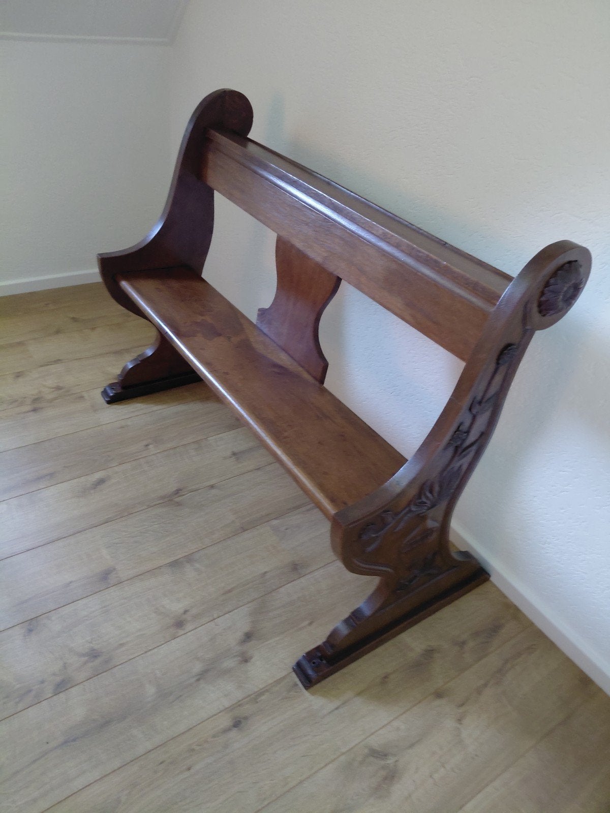 Antieke eiken houten kerkbank met houtsnijwerk, Antiek en Kunst, Ophalen