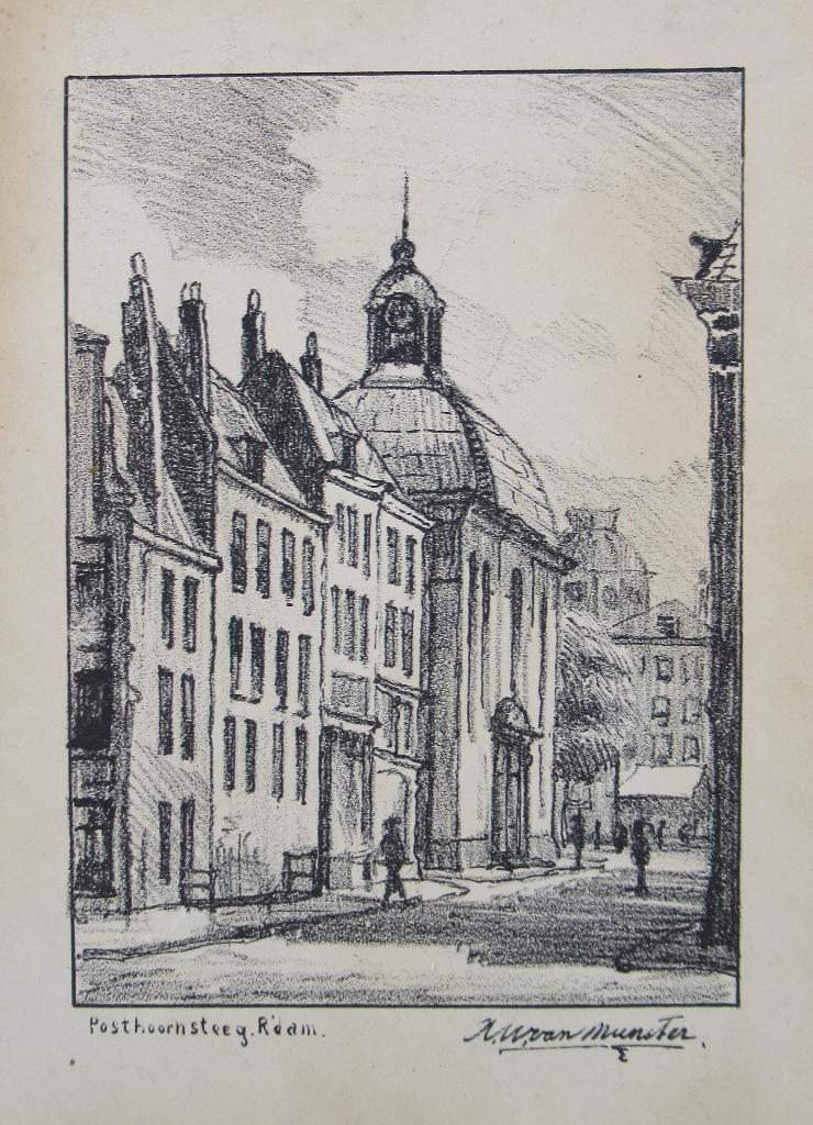 A.W. van Munster: Posthoornsteeg met Lutherse kerk, R'dam, Antiek en Kunst, Ophalen of Verzenden