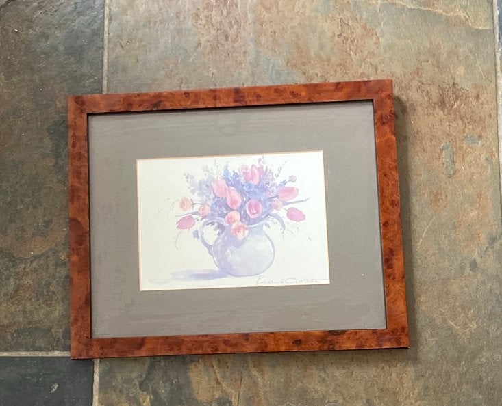 Ingelijste aquarel met bloemen en vaas Basil Oesterle, Bloemen, Realistisch, Ophalen of Verzenden, Aquarel