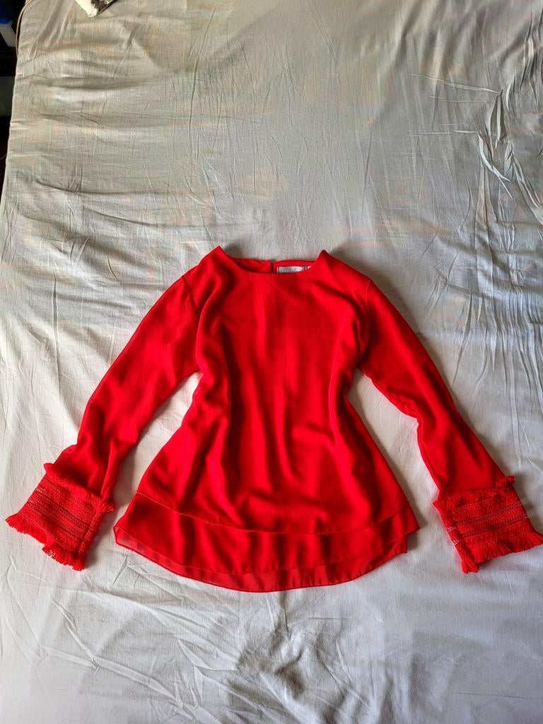 Rode blouse met franjes en open structuur, maat M, Ophalen of Verzenden, Zo goed als nieuw, Maat 38/40 (M), Rood
