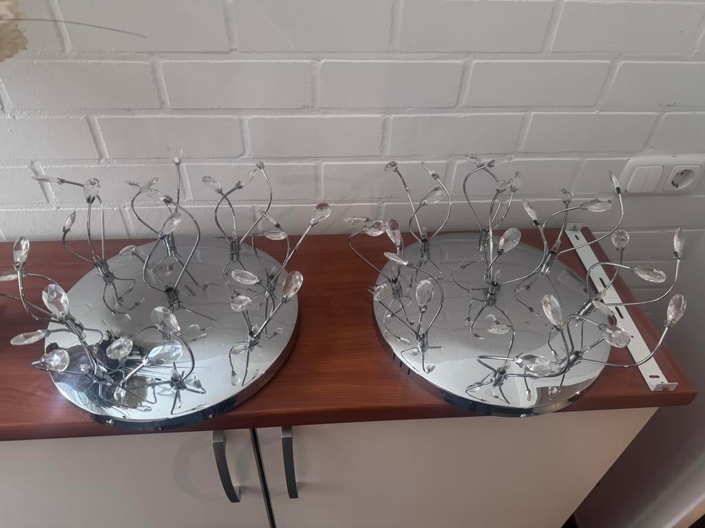 Twee mooie metalen plafond lampen met glazen hangers, Huis en Inrichting, Ophalen of Verzenden, Zo goed als nieuw, Glas