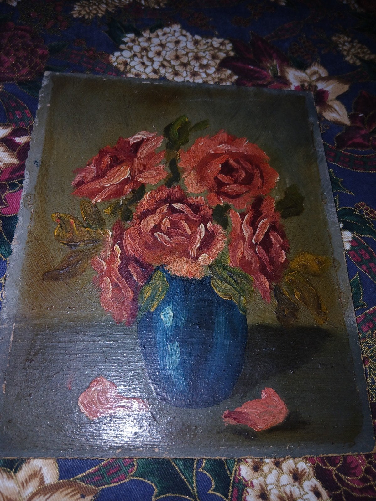 Olieverfschilderij op paneel rozen in vaas - Stilleve, Bloemen, Paneel, Ophalen of Verzenden, Handgeschilderd