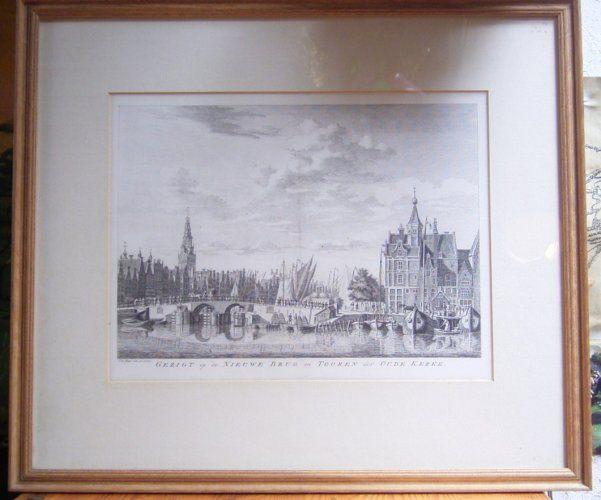 Antieke kopergravure van Amsterdam Nieuwe Brug, Ophalen, Stadsgezicht, Gravure, Ingelijst