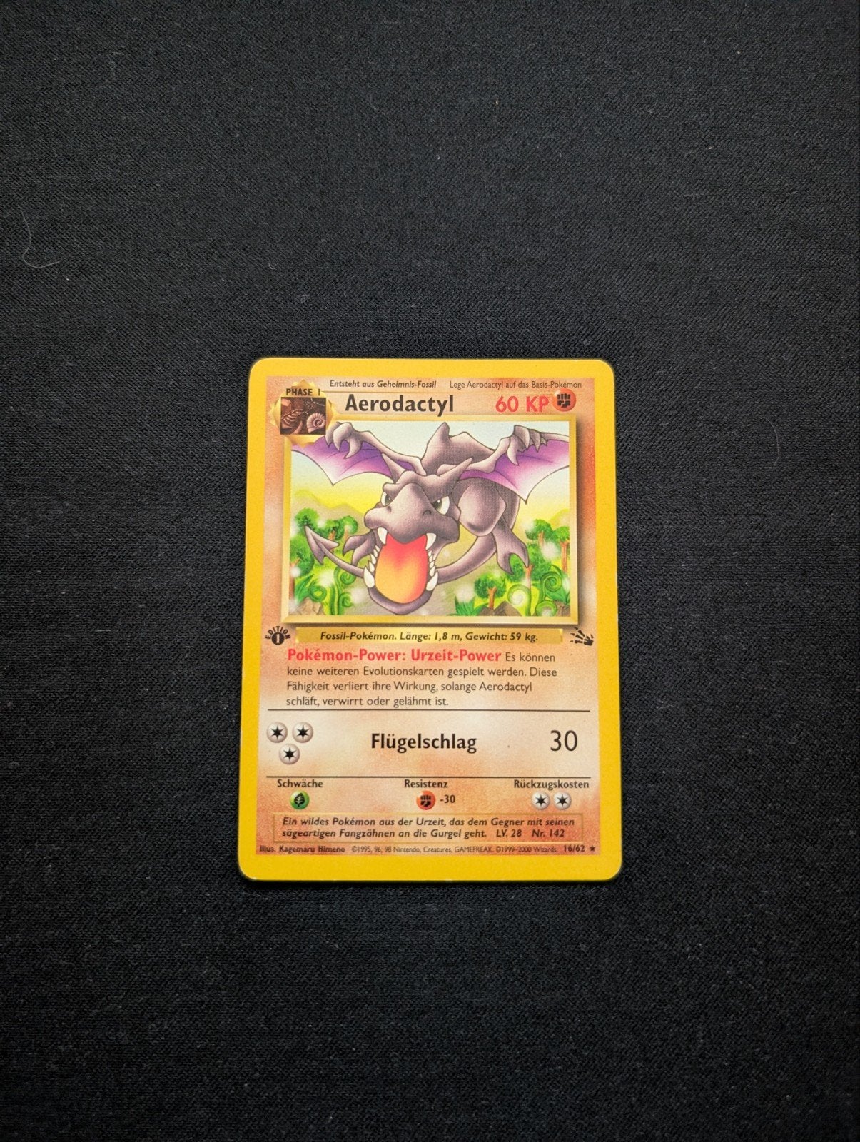 Aerodactyl 1st Edition Pokémon Kaart 16/62 Fossil Set Duits, Hobby en Vrije tijd, Verzamelkaartspellen | Pokémon, Gebruikt, Losse kaart
