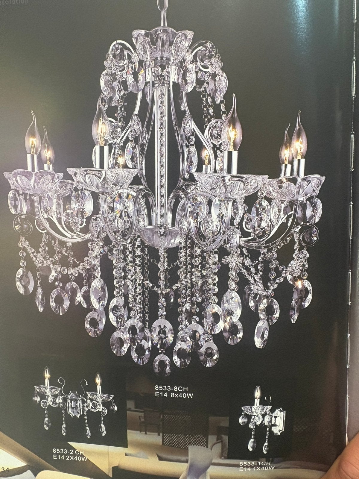 8 lichts hanglamp nieuw zilver kroonluchter zakkroon, Glas, E14 (klein), Nieuw, Ophalen of Verzenden