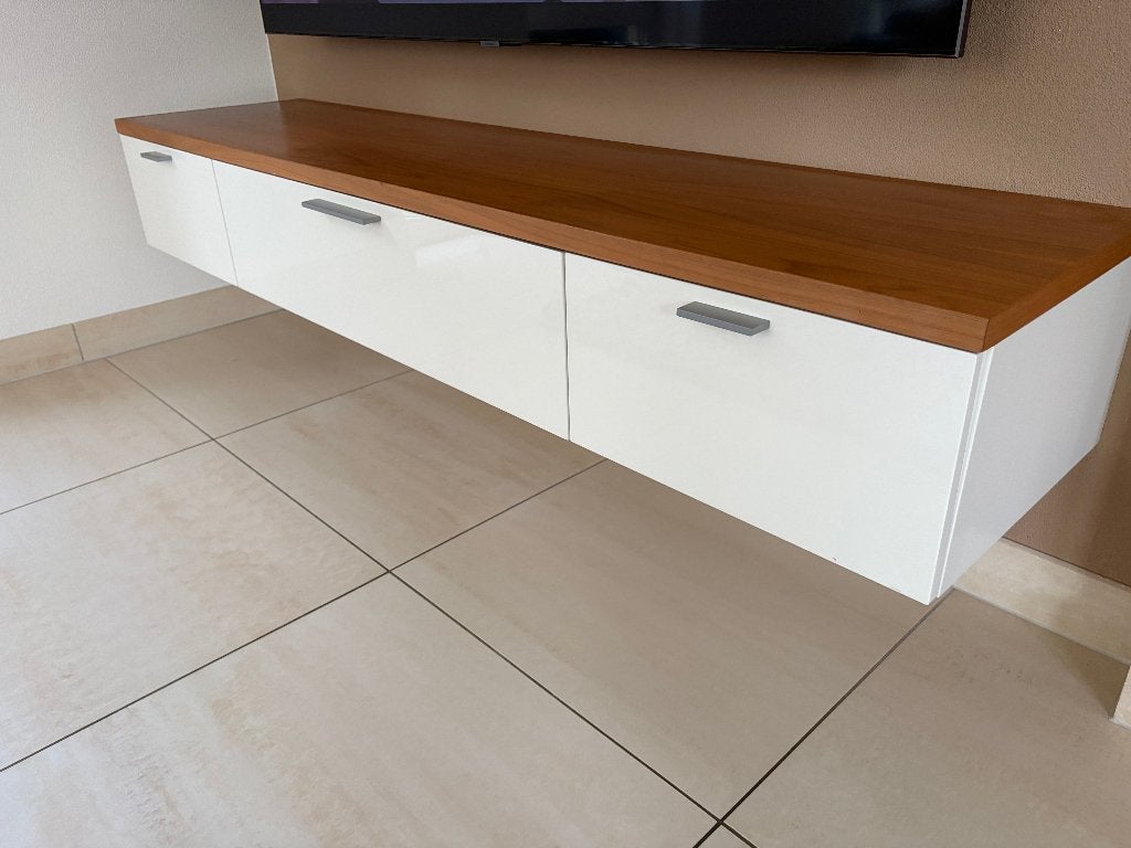 Interstar -TV-meubel wit met notenhouten blad–zwevend–180 cm, Ophalen, Zo goed als nieuw, 25 tot 50 cm, 150 tot 200 cm