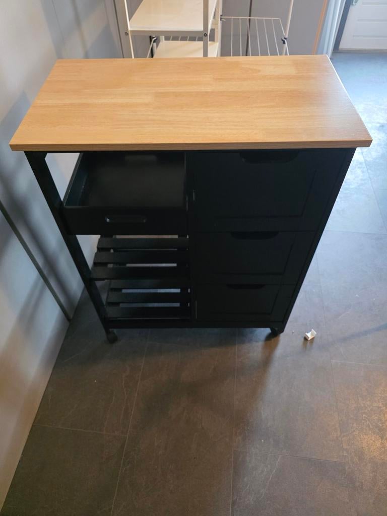 Opbergkast op wielen met houten blad, Ophalen, Gebruikt