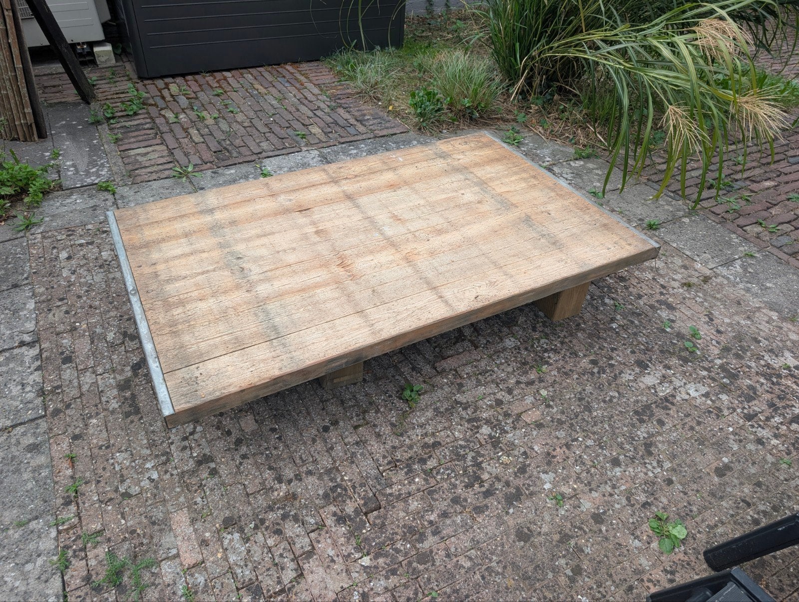 Stoere salontafel / loungetafel van origineel steenschot 140, Ophalen, Gebruikt, Rechthoekig, Hout