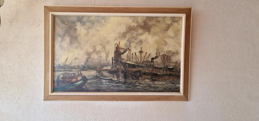 Olieverf op doek schilderij Willem/Wim Bos - Haven Rotterdam, Antiek en Kunst, Ophalen