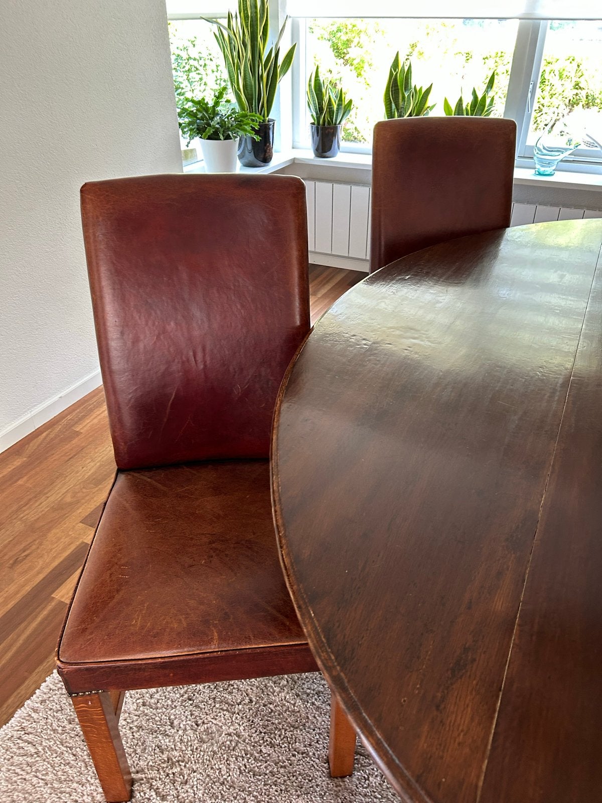 4 lederen eetkamerstoelen, Ophalen, Gebruikt, Bruin, Leer