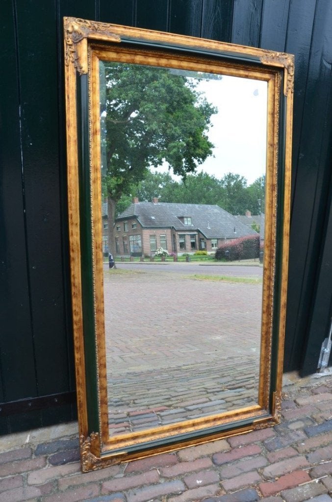 Bronskleurige spiegel met donkergroen profiel, Huis en Inrichting, Woonaccessoires | Spiegels, Ophalen of Verzenden, Zo goed als nieuw