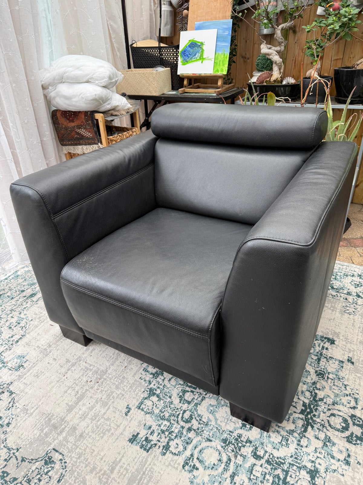 Montel Zwart Lederen Fauteuil met Verstelbare Hoofdsteun, Huis en Inrichting, Fauteuils, Ophalen, Gebruikt, Leer, 75 tot 100 cm