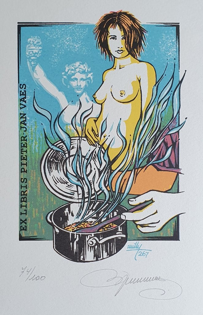 Exlibris W. Braspennincx, Dyonisis, naakt, gastronomie, Verzenden