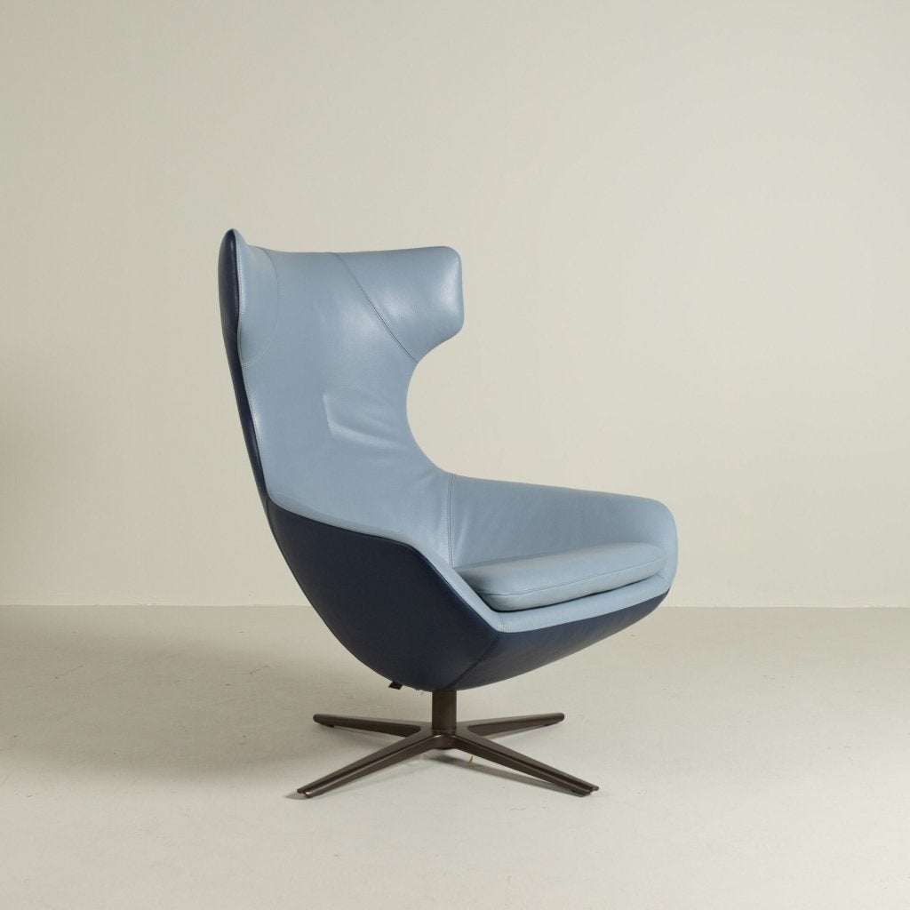 Leolux Caruzzo Fauteuil Lichtblauw/Donkerblauw Leer, Huis en Inrichting, Leolux, Zo goed als nieuw, Niet ingevuld, Niet ingevuld