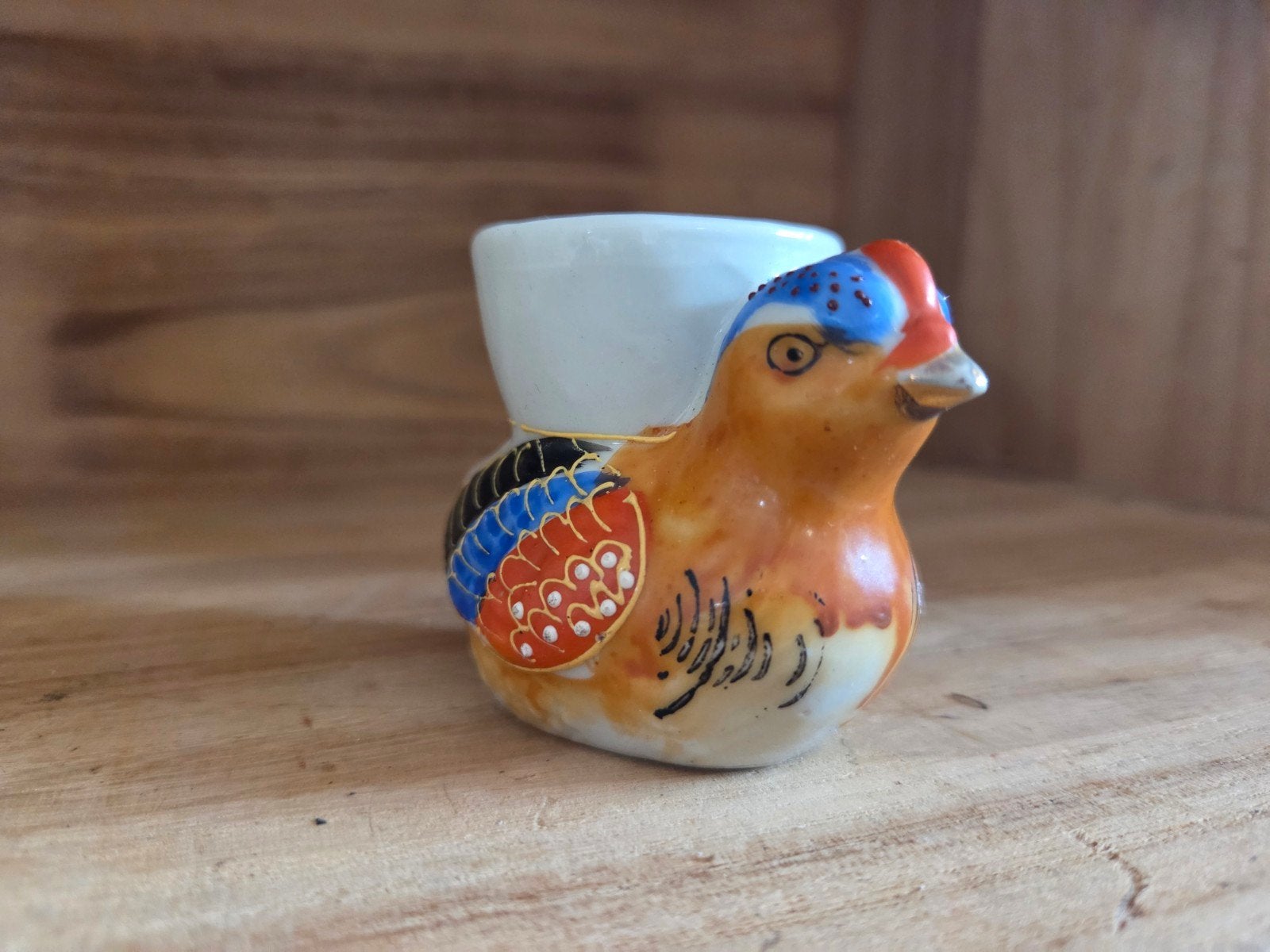 Antiek eierdopje in de vorm van een kleurrijke vogel, Ophalen of Verzenden
