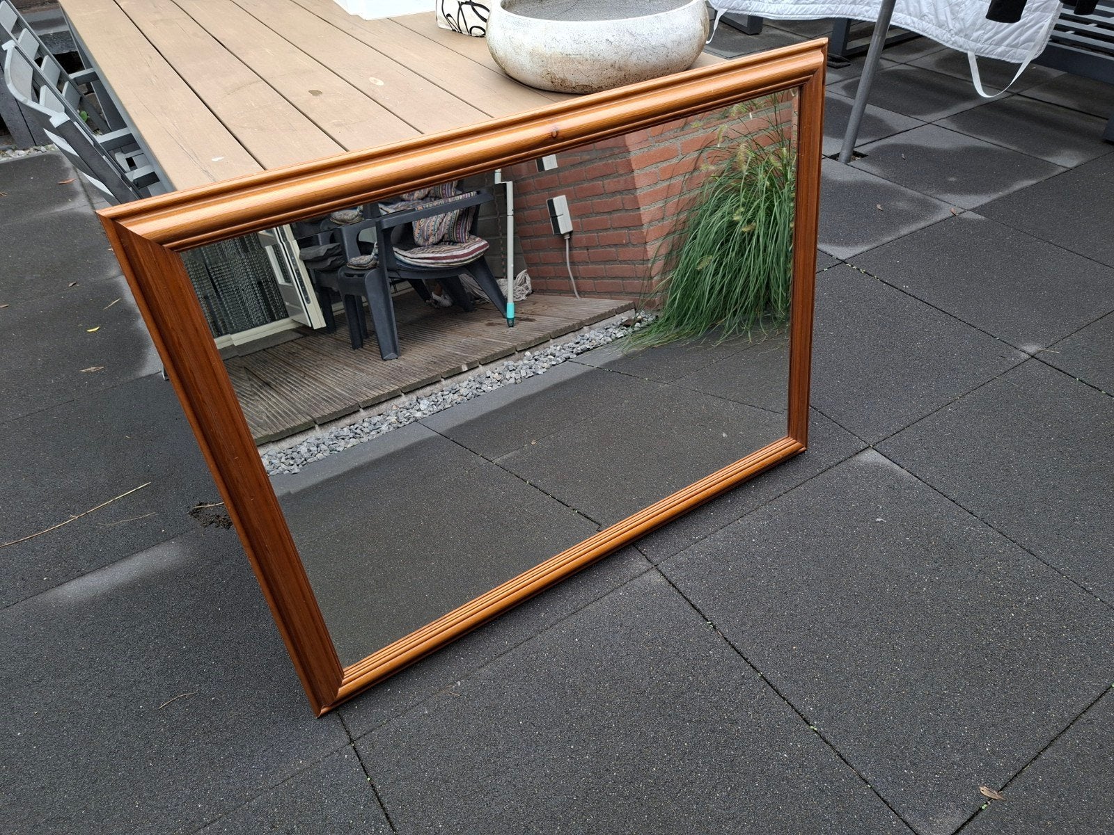 spiegel met facetrand en houten lijst., Huis en Inrichting, Woonaccessoires | Spiegels, Ophalen, Rechthoekig, Minder dan 50 cm