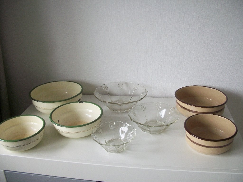 5 Nestschalen Emaille en 3 Glas van Vroeger Oma - per set, Ophalen of Verzenden