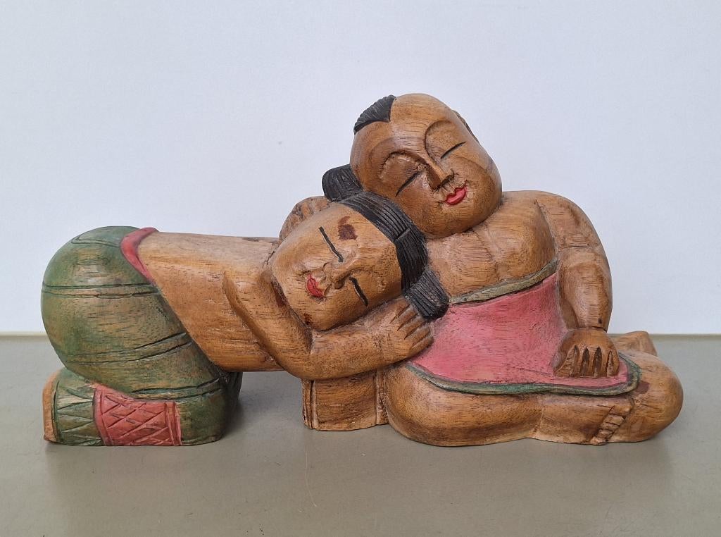 vintage houten beeldje Aziatische kinderen houtsnijwerk 35cm, Verzamelen, Beelden en Beeldjes, Ophalen of Verzenden, Gebruikt