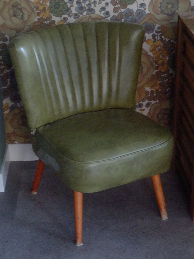 Vintage coctail stoeltje, club fauteuil, mosgroen, Ophalen, Gebruikt, Eén, Leer