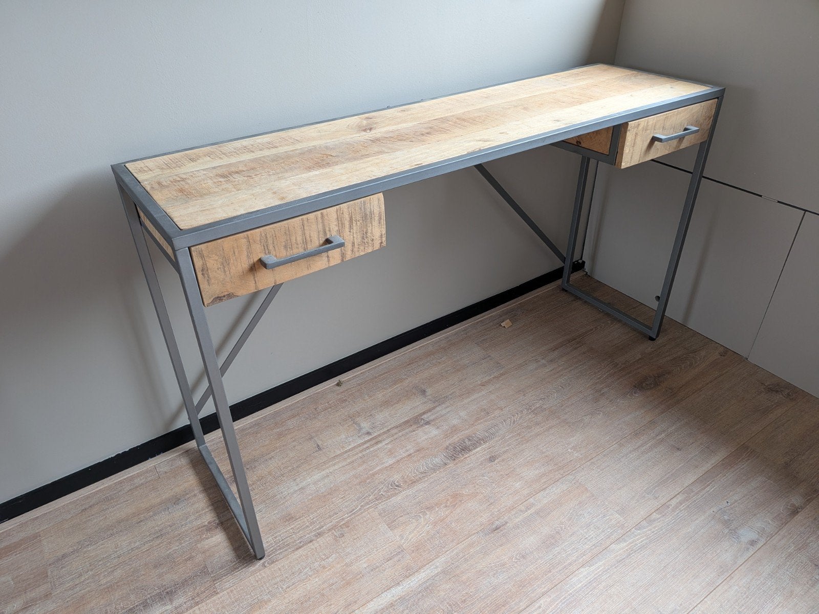 Mango Hout Bureau 140x40 met Lades - Industrieel Design, Ophalen, Met lades, Gebruikt, Hout