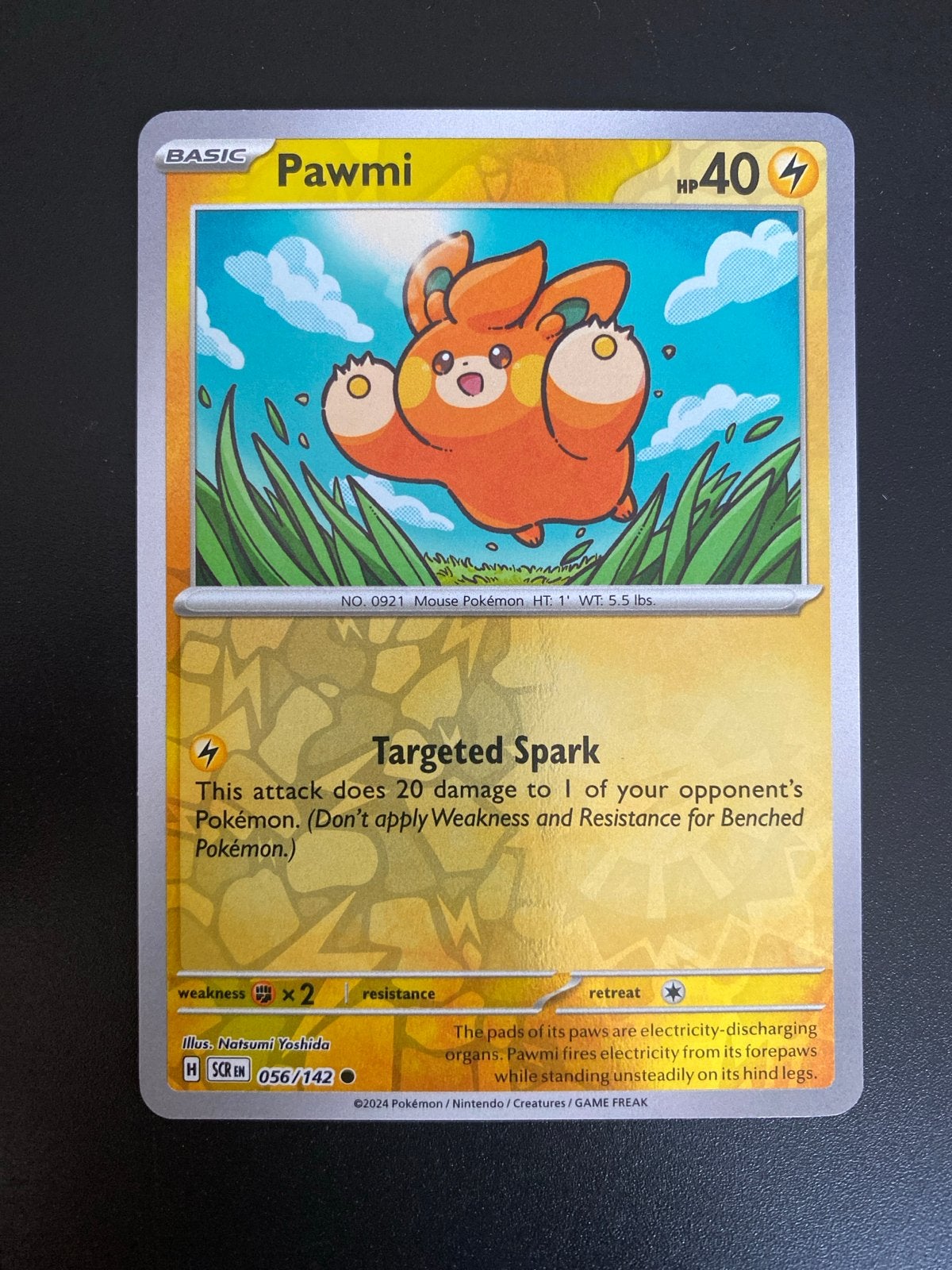 Pawmi 056/142 Reverse Holo Pokémon Stellar Crown, Ophalen of Verzenden, Zo goed als nieuw, Losse kaart, Foil