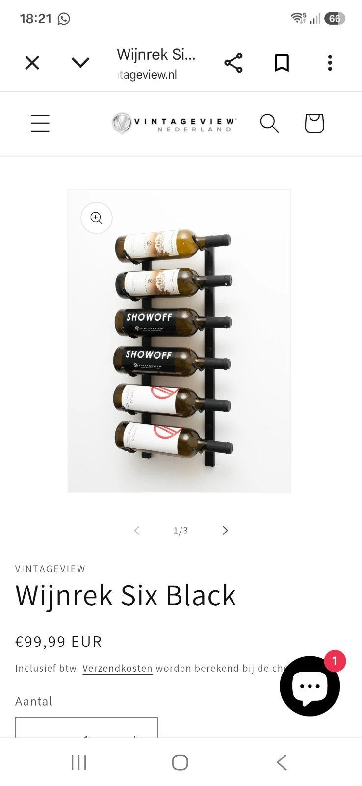 VintageView Wijnrek Six Black - 6 flessen, 61 cm hoog, Huis en Inrichting, 50 – 75, 5 tot 15 flessen, Nieuw, Ophalen of Verzenden