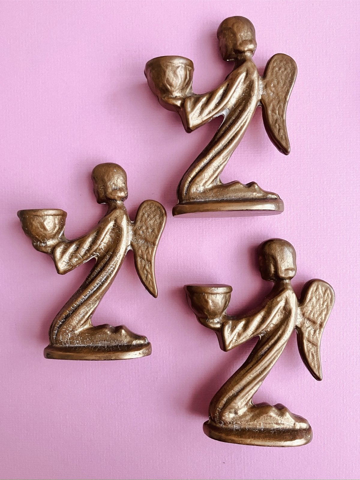 3x antiek Art Deco 20s kandelaar engel messing koper kerst, Antiek en Kunst, Verzenden, Koper of Brons