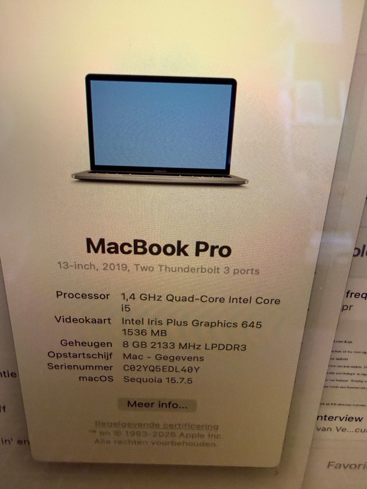 MacBook Pro 13-inch 2019 - 8GB RAM, 1.4 GHz i5 (zonder lader, MacBook Pro, Gebruikt, 256 GB, 8 GB