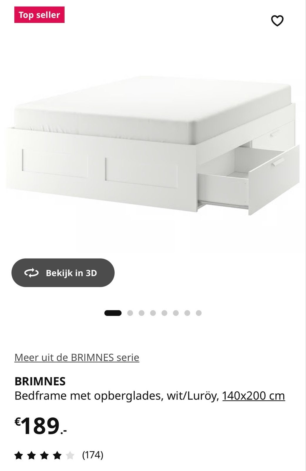 IKEA Brimnes bedframe met opberglades, wit, 140x200 cm, Ophalen, Gebruikt, Wit, Tweepersoons