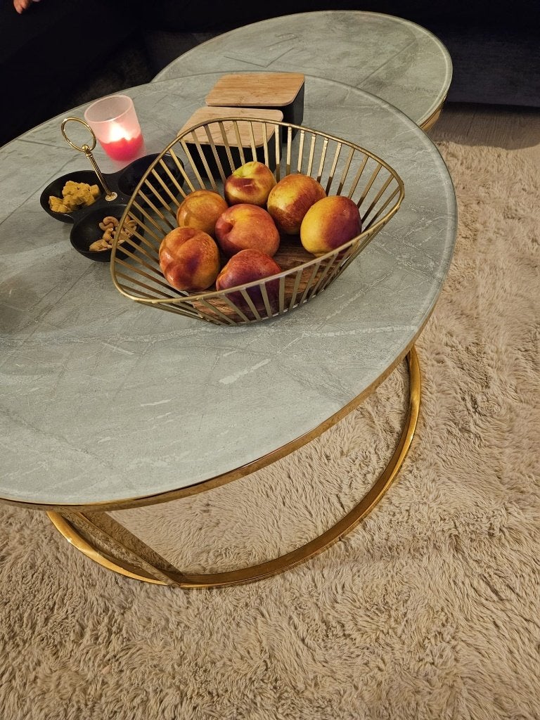 Prachtige glazen salontafel – Wit marmerlook & goud, 100 tot 150 cm, Rechthoekig, 50 tot 100 cm, Ophalen of Verzenden