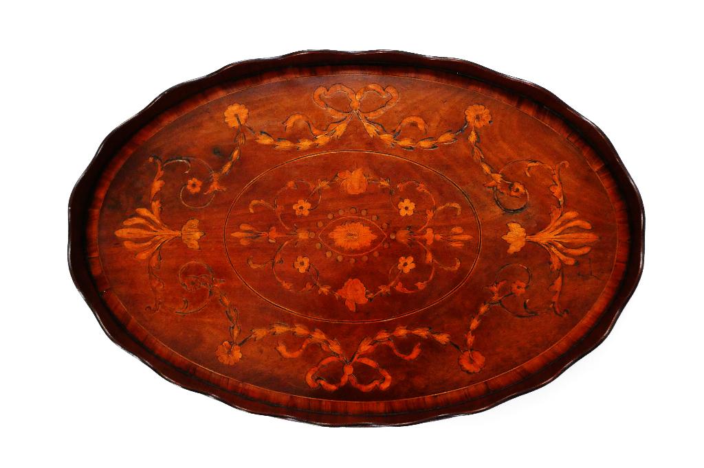 Antiek mahonie hout dienblad serveerblad floraal ingelegd, Ophalen of Verzenden, Handgemaakt, 20 - 50 cm, Hout