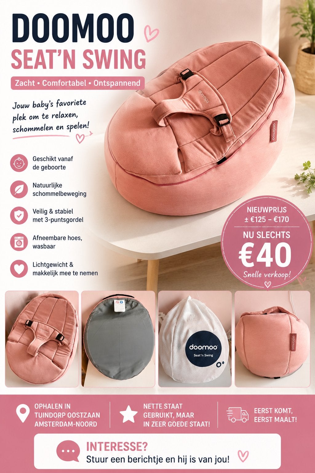 Doomoo Seat’n Swing – roze – incl. originele opbergzak, Ophalen