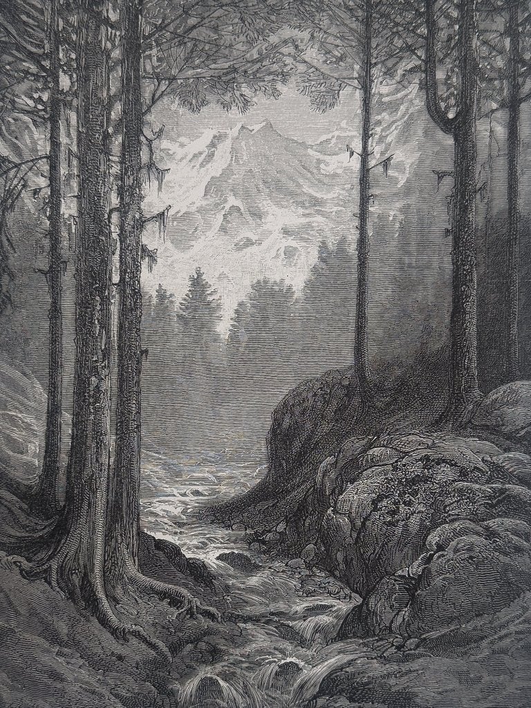 Gustave Doré - Alpen bij Courmayeur - Houtgravure Salon 1869, Verzenden, 30 cm, 1800 - 1899, 40 cm