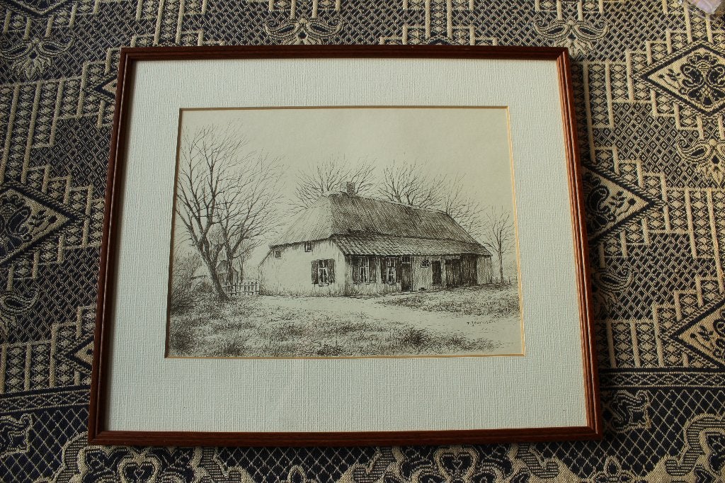 ets  /  tekening van Drentse  boerderij   mat naam, Ophalen of Verzenden