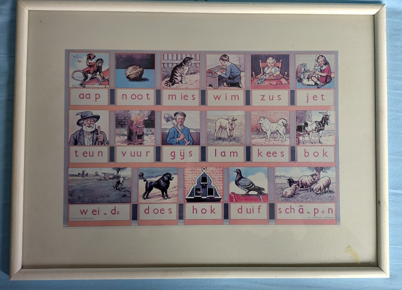 Vintage Ot en Sien Aap Noot Mies schoolplaat in lijst, Ophalen of Verzenden, Overige thema's