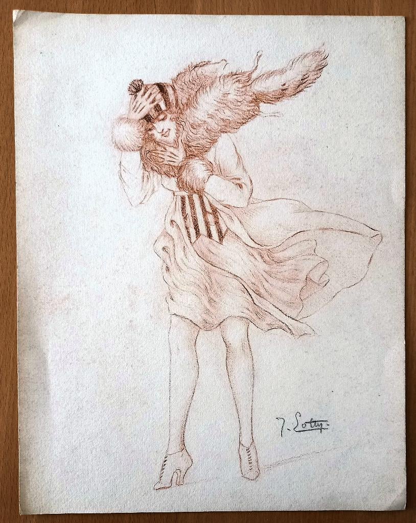 A493-83 Oude tekening Vrouw met opwaaiende jurk, Ophalen of Verzenden