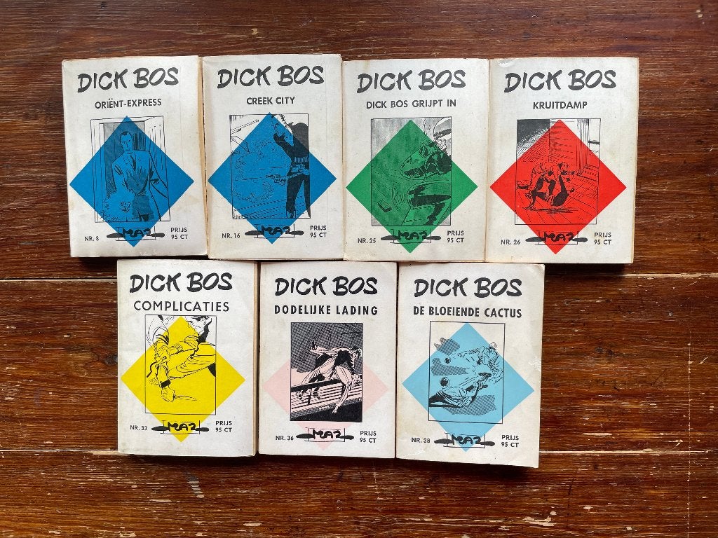 7 Dick Bos boekjes nr. 8, 16, 25, 26, 33, 36 en 38 1963-1965, Boeken, Stripboeken, Gelezen, Alfred Mazure, Ophalen of Verzenden