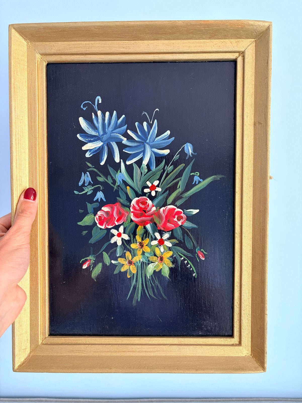 Vintage Schilderij bloemenstilleven 28x38 cm, Paneel, Realistisch, Handgeschilderd, Olieverf