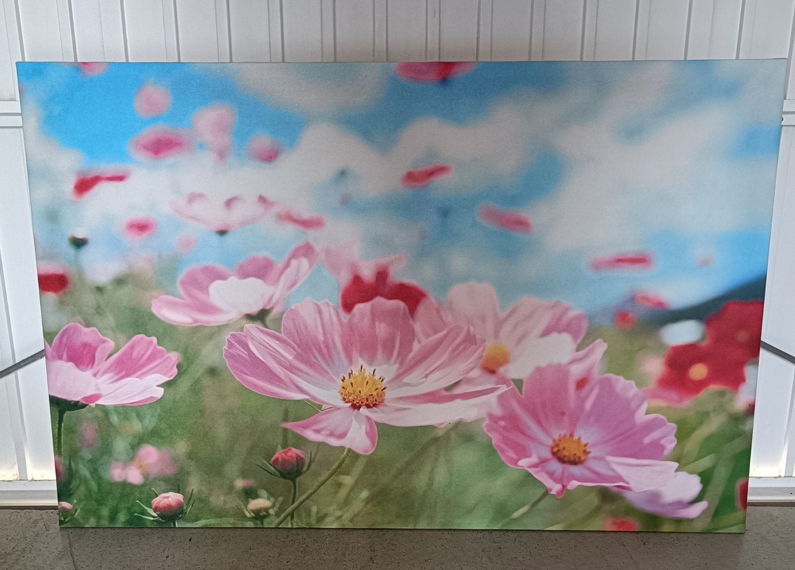 Schilderij met roze bloemen en blauwe lucht, Ophalen, 50 – 75, Zo goed als nieuw, Schilderij