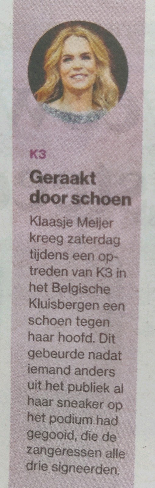 K3 zangeres Klaasje Meijer krantenartikel, Ophalen of Verzenden, 1980 tot heden, Nederland, Knipsel(s)