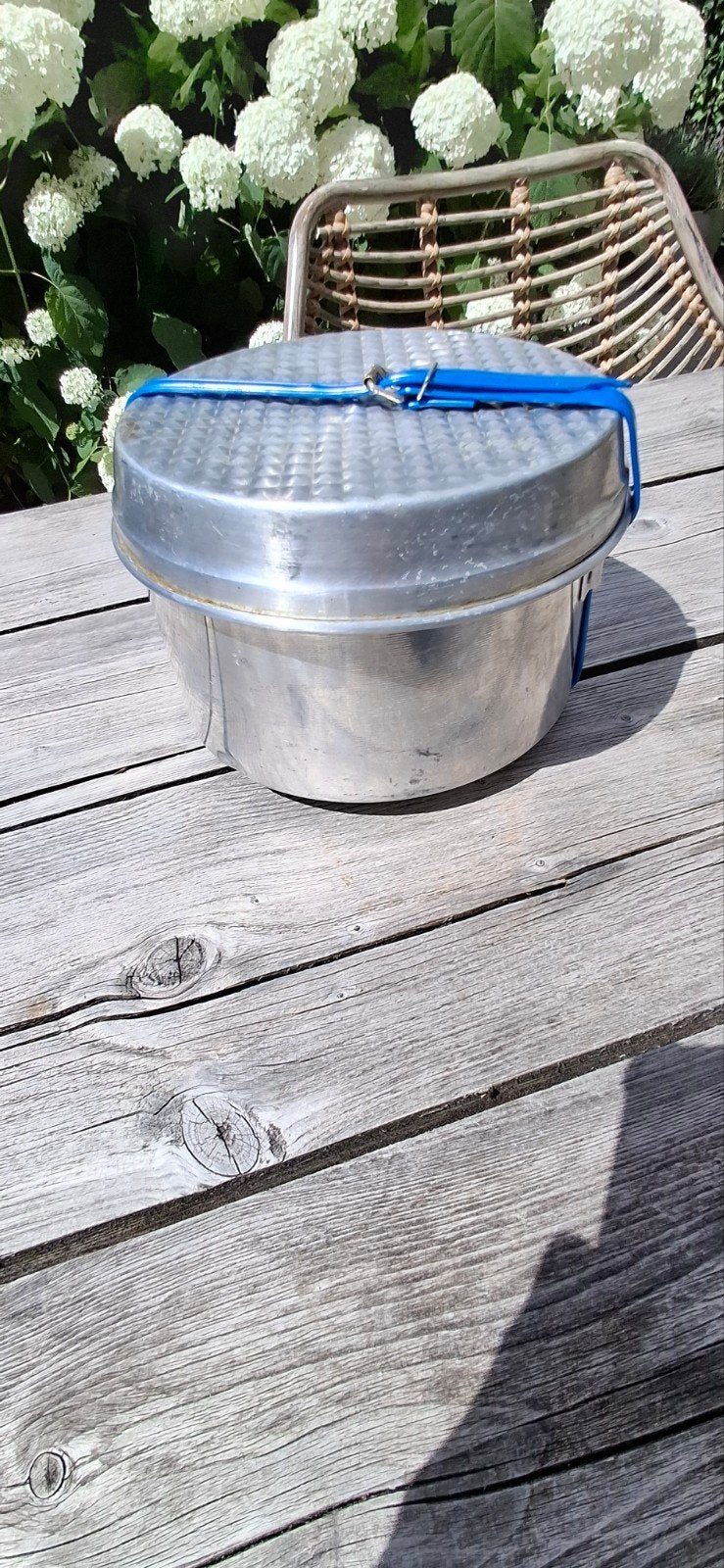 Vintage aluminium camping pannenset met bakvormen, Caravans en Kamperen, Ophalen, Gebruikt