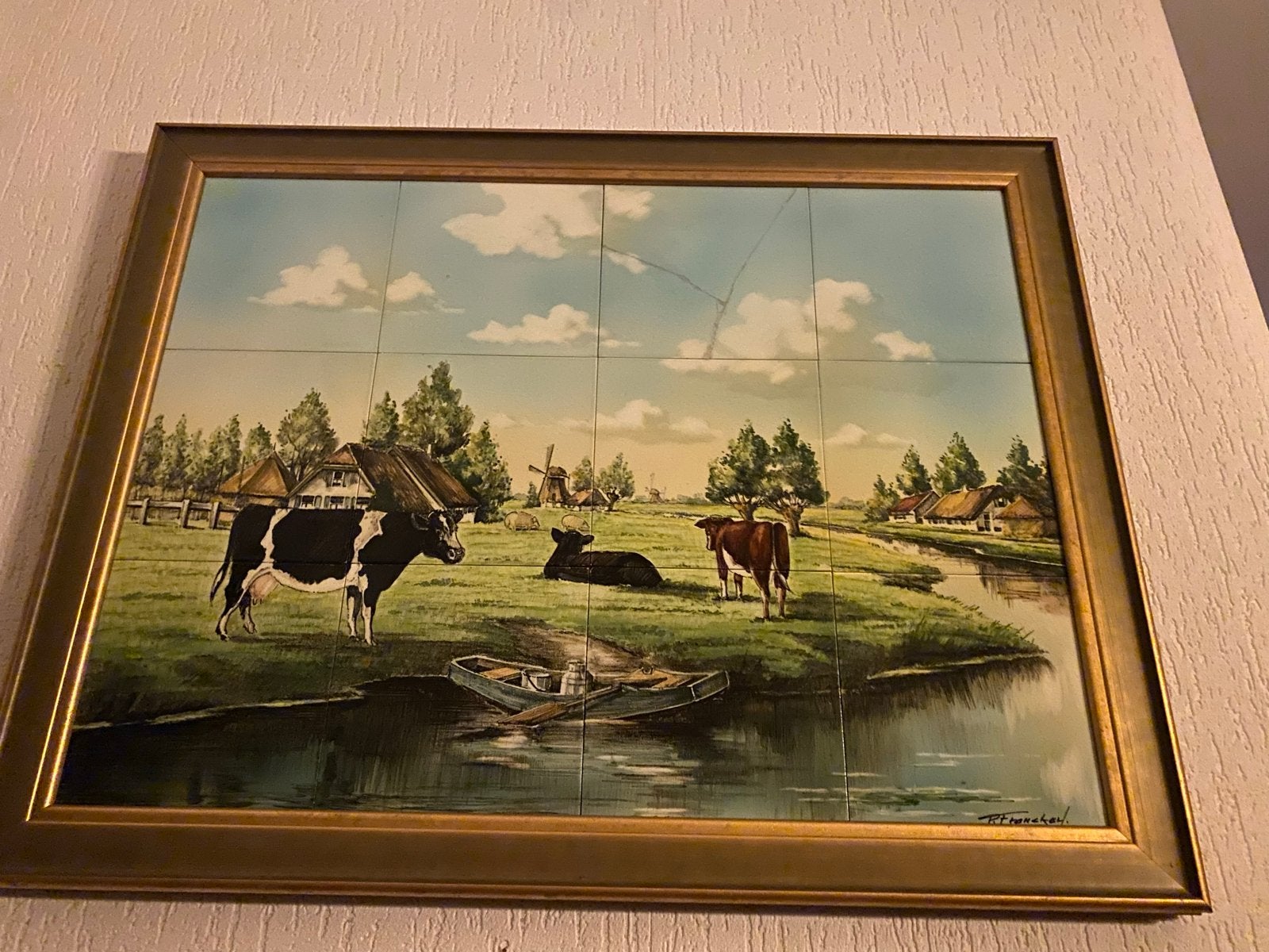 Tegeltableau Hollandse Landschap met Koeien en Molen, Ophalen of Verzenden