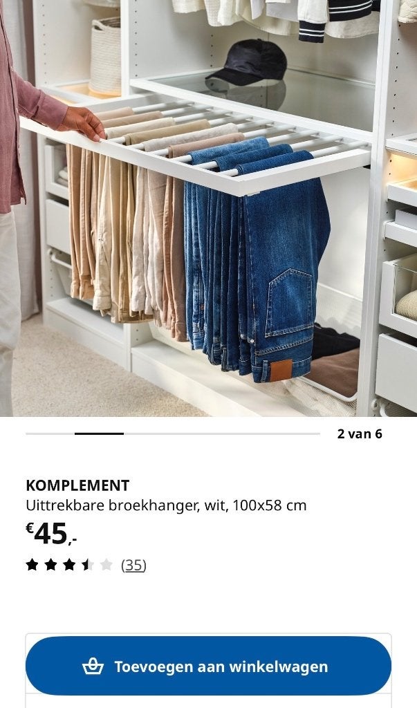 Uittrekbare broekhanger Komplement Ikea 100 x 58 wit, Ophalen, 50 tot 100 cm, Zo goed als nieuw, Minder dan 100 cm