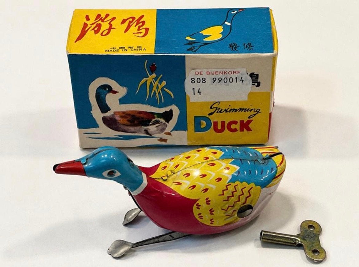 Vintage blikken speelgoed opwind eend – Swimming Duck + doos, Verzenden
