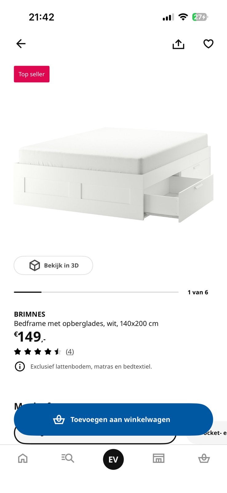 Brimnes Bedframe met opberglades, Wit 140x200, Gebruikt, Wit, Tweepersoons, 200 cm