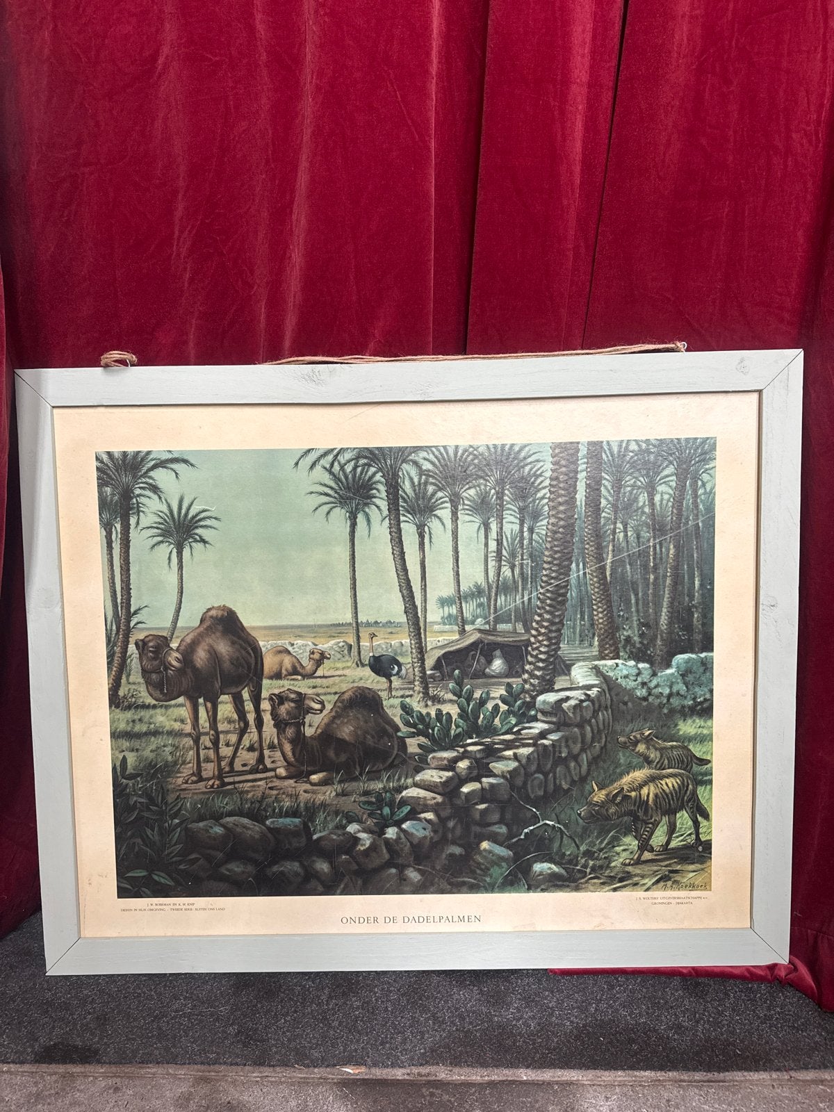 Vintage print 'Onder de Dadelpalmen' met kamelen, Antiek en Kunst, Kunst | Schilderijen | Klassiek, Ophalen, Dieren, Print, Papier