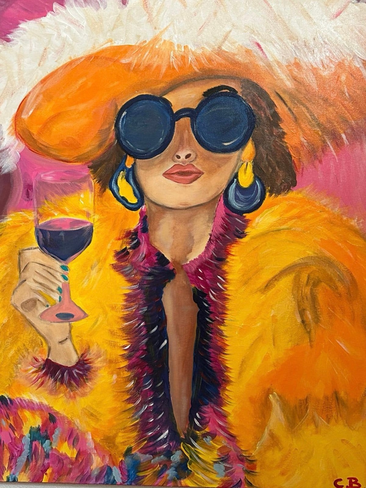 Vrouw met hoed en wijnglas - Kleurrijk modern schilderij, Handgeschilderd, Ophalen of Verzenden, Textiel, Figuren