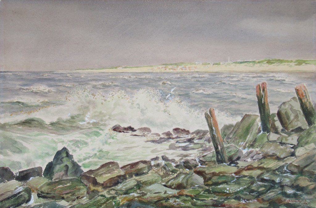 A.J. Van den Heuvel: Het Hoekse strand vanaf de pier, 1979, Ophalen of Verzenden, Ingelijst