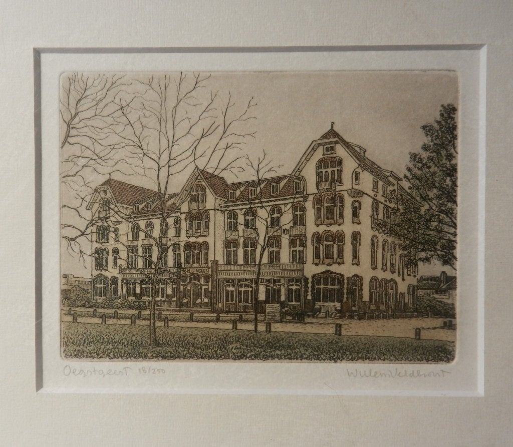 Ets Rhijngeest / Gemeentehuis Oegstgeest W. Veldhorst 10x14, 10 cm, Stadsgezicht, Ophalen of Verzenden, Met tekst
